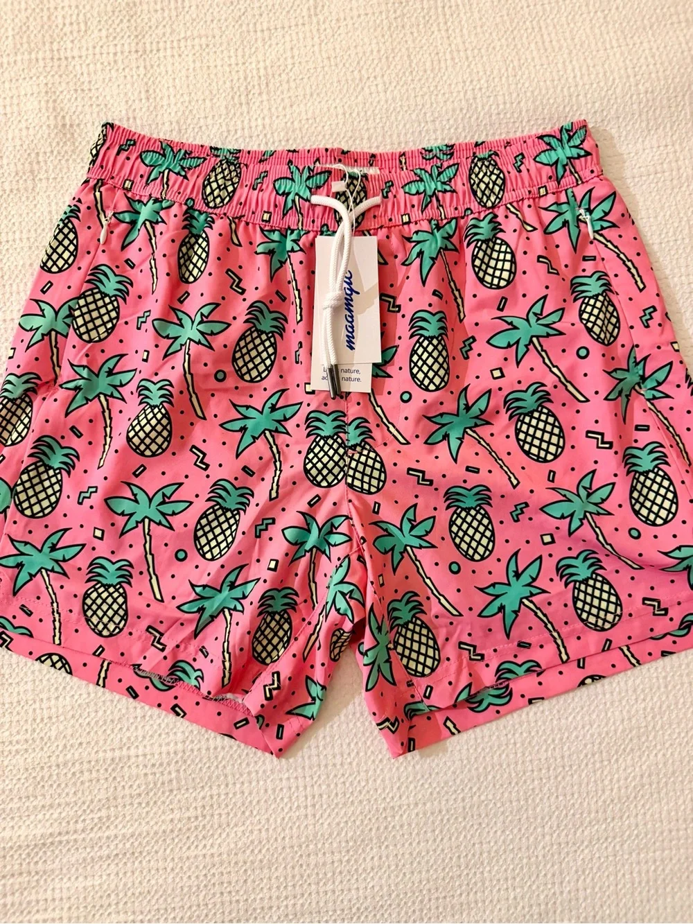 Men's Pink Pineapple Print Swim Trunks with Green Accents